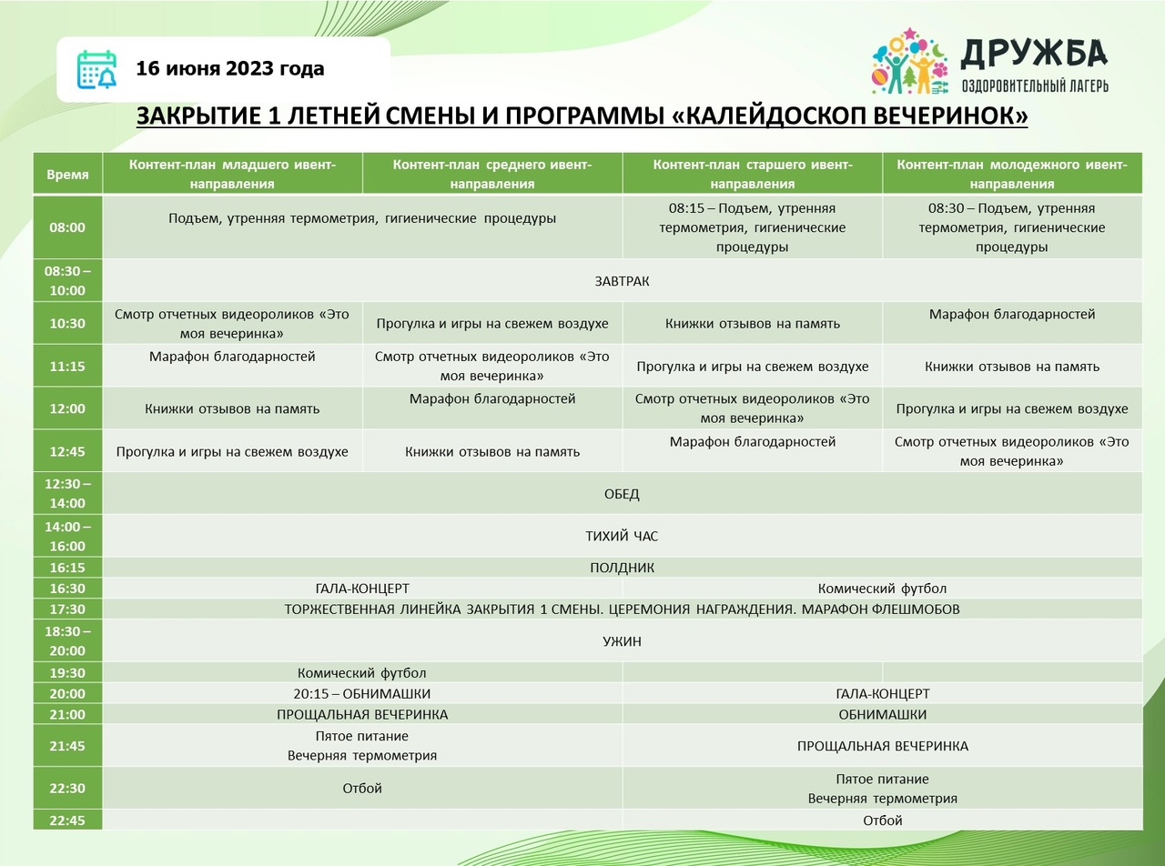 План мероприятий на день дружбы в лагере